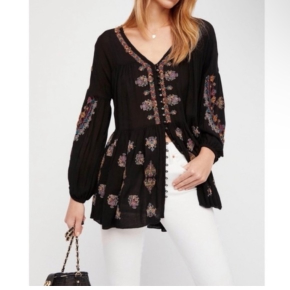 Free People Ariana black boho embroidered tunic top or minidress Sz Small - Picture 3 of 10